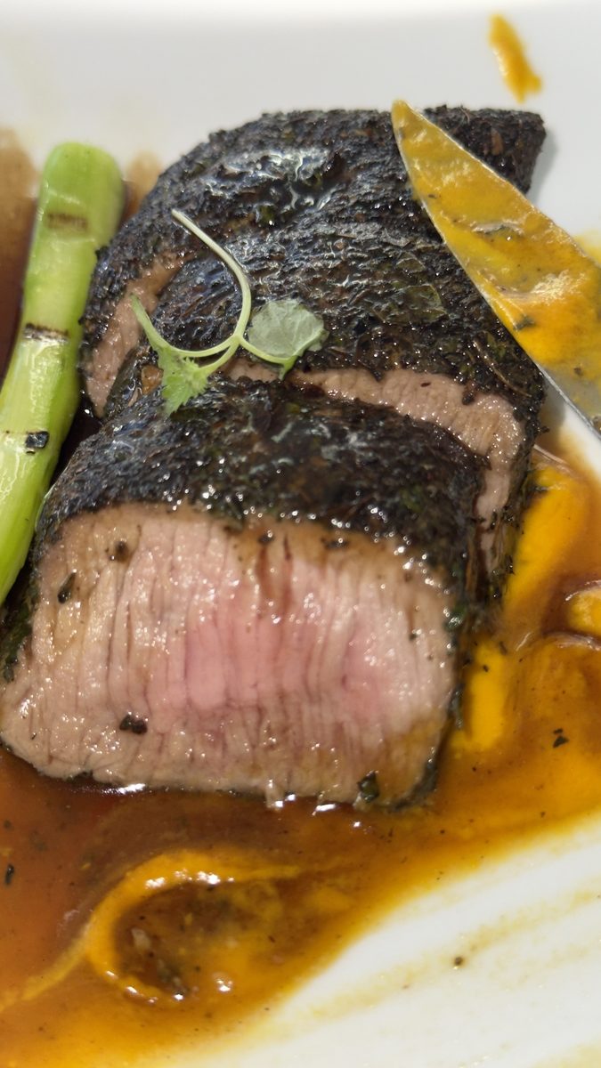 Close view of a plated steak dish with sauce and vegetables