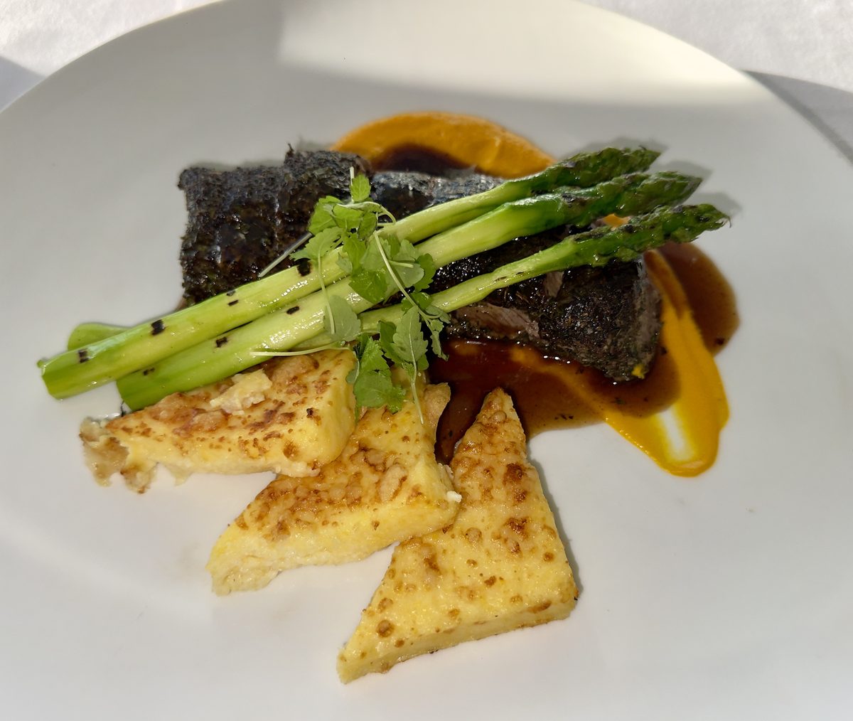 Resort dinner plate with steak, asparagus and sauce
